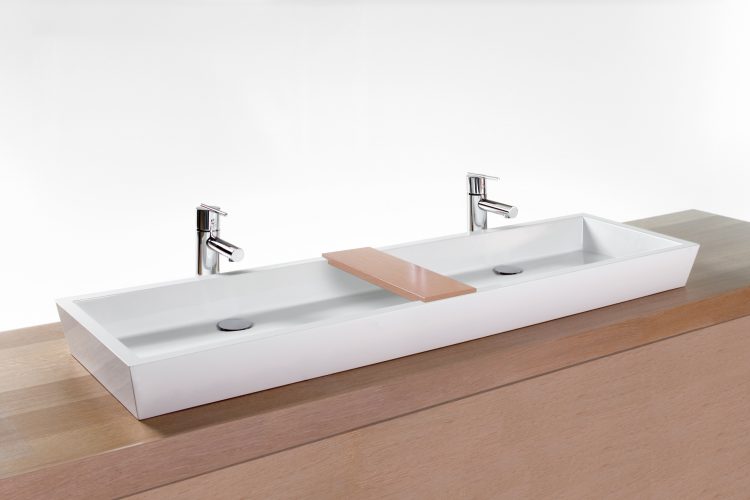 Vessel Sink, white finish, large rectangle, eco friendly, double faucet with wood bridge between.