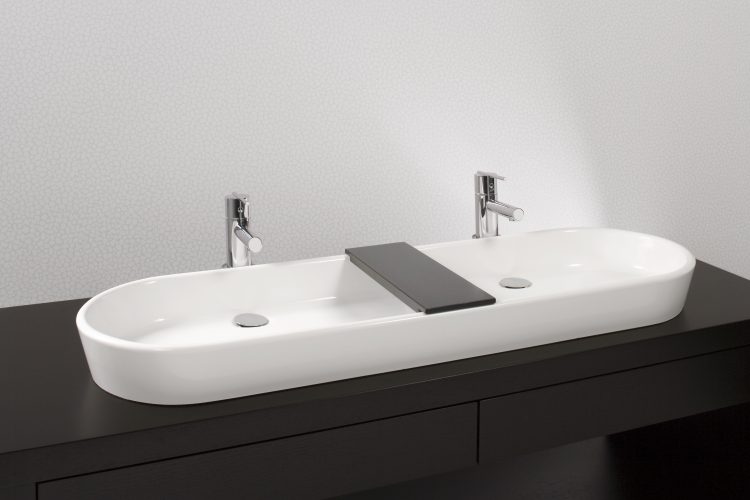 Vessel Sink, white finish, large long oval shape, eco friendly with two faucets and wood bridge seperator