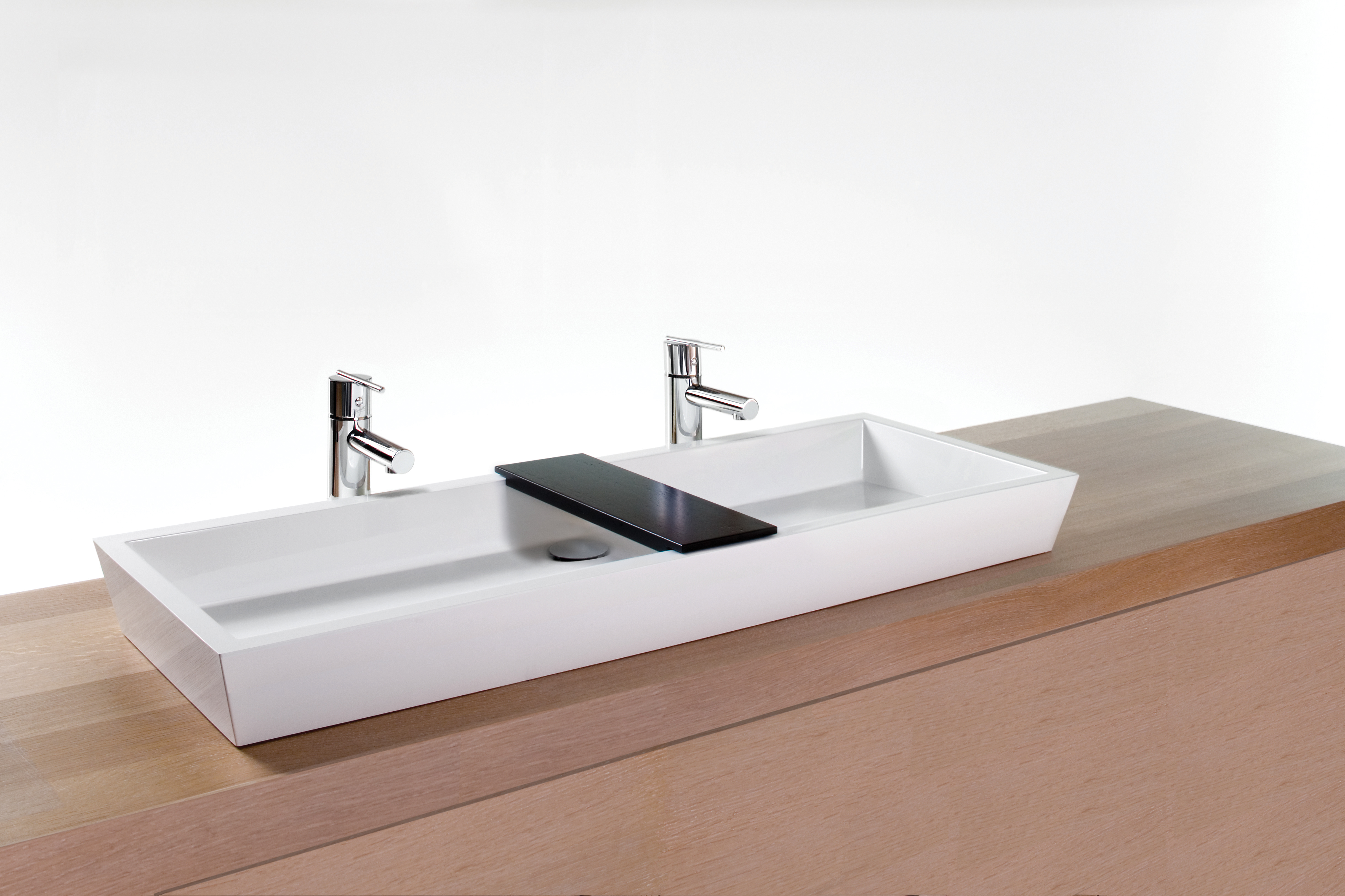 Vessel Sink, white finish, large rectangle, eco friendly, double faucet with wood bridge betwen.