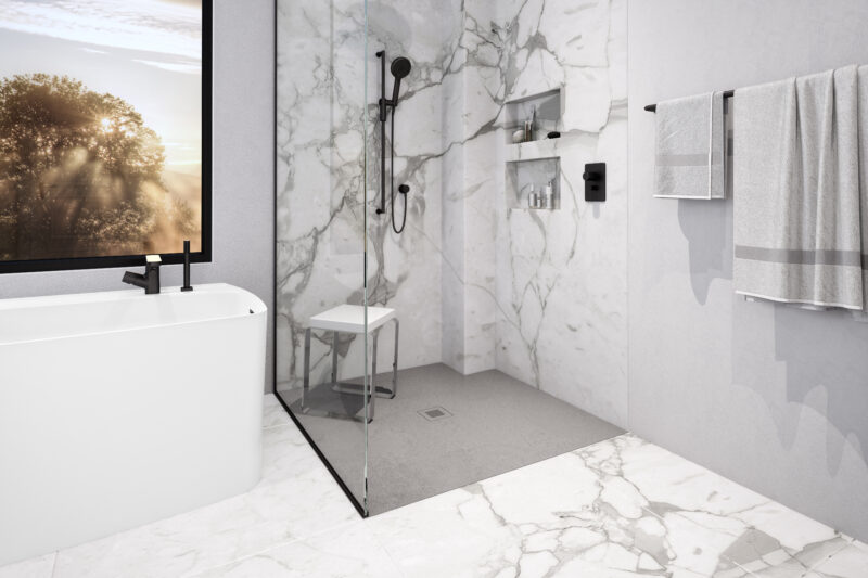 This image shows an elegant bathroom with a shower and a freestanding bathtub.
