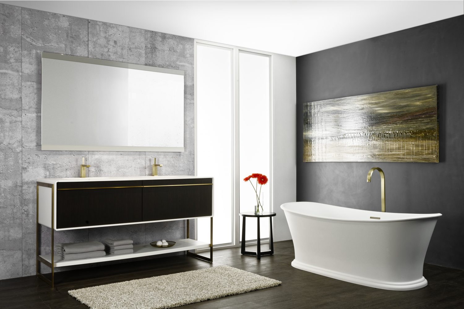Floor mounted vanity, in dark wood, bronze hardware and white double sinks