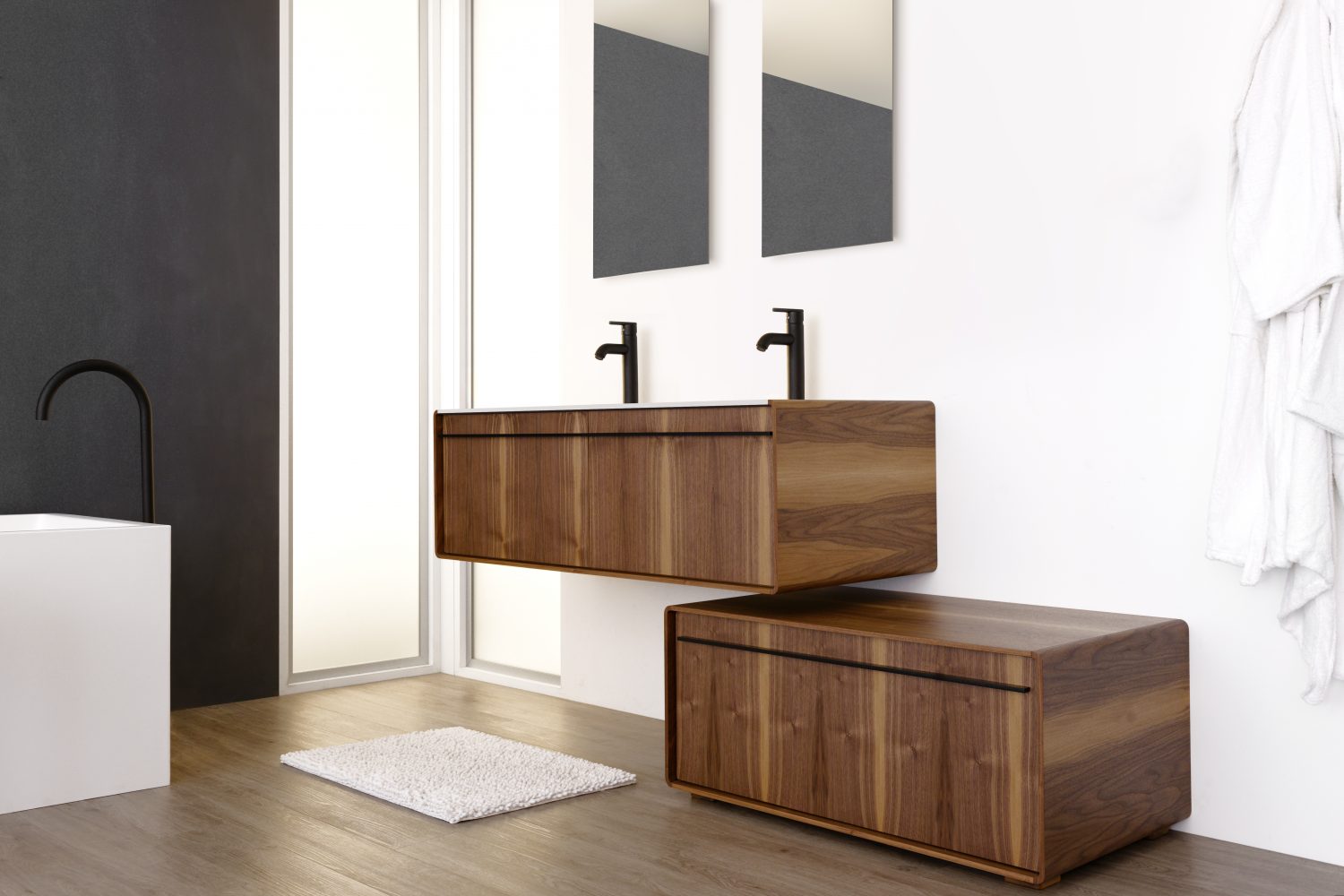 Luxury bathroom vanity in dark walnut with double sinks