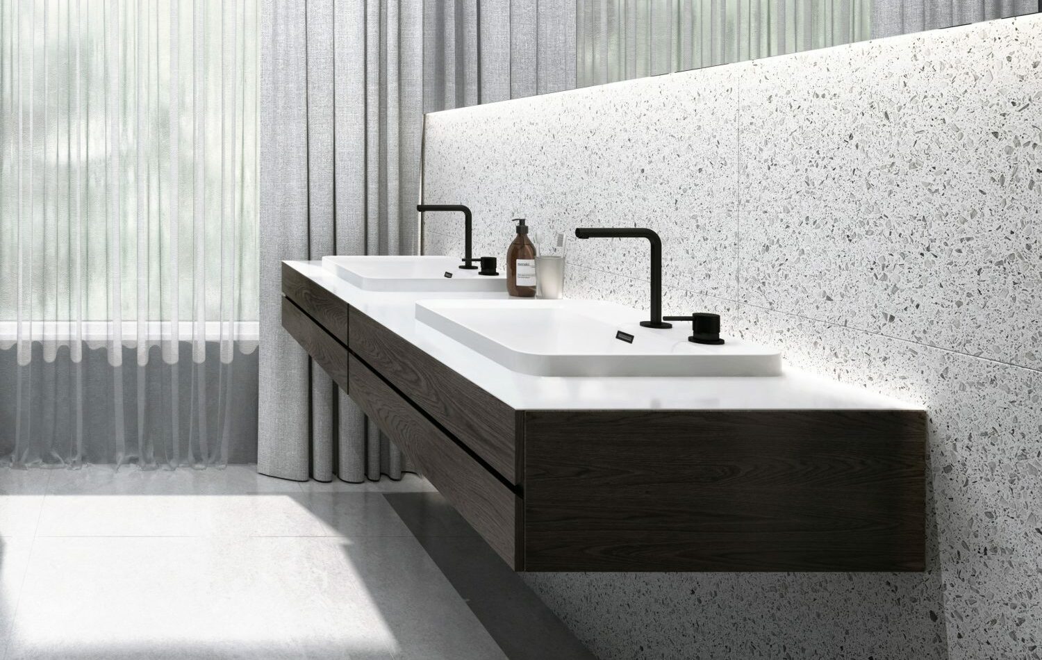 Bathroom sinks, floating with dual faucets